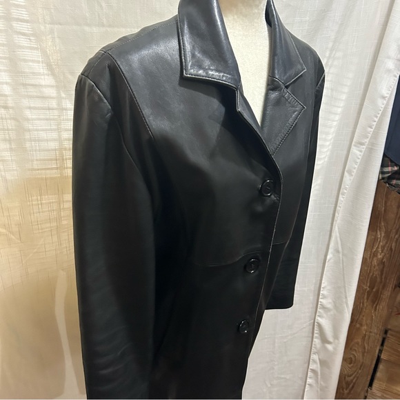 Mid length black leather coat/jacket M - Picture 2 of 5
